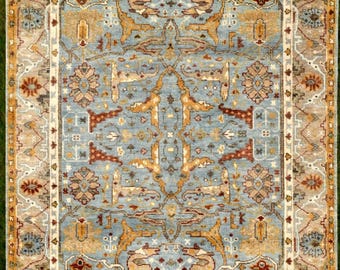 Tappeto Oushak in lana fatto a mano: tappeto di ispirazione turca blu e oro