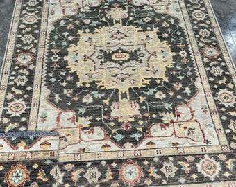 Tappeto Oushak in lana fatto a mano, stile vintage di ispirazione turca, tappeto orientale boho color carbone e oro