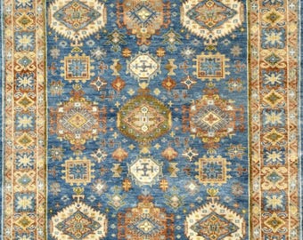 Tappeto in lana blu annodato a mano / 8x10 10x14 12x15 Stile geometrico kazzak Tappeto orientale decorazione per la casa