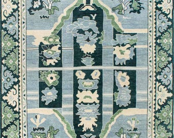 Tappeto Oushak d'epoca di ispirazione turca, annodato a mano / Tappeto floreale in lana annodato a mano