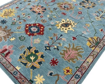 Tappeto in lana Oushak blu annodato a mano – Tappeto con motivo floreale orientale, tappeto in stile turco