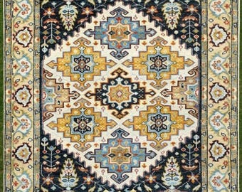 Tappeto di lana annodato a mano: tappeto persiano caucasico con medaglioni geometrici per l'arredamento della casa