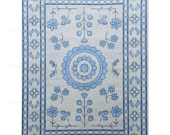 Tappeto Oushak fatto a mano in lana azzurro chiaro - Tappeto floreale annodato a mano di ispirazione turca 8x10 9x12
