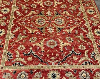 Tappeto in lana rossa annodato a mano: tappeto oushak in stile persiano vintage