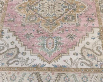 Tappeto Oushak in lana annodato a mano, medaglione rosa chiaro, dimensioni personalizzate