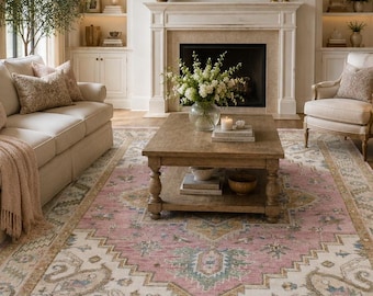 Hand Knotted Oushak Rug, Light Pink Wool Area Rug, Vintage Turkish style Carpet, Traditional Living Room Rug, Custom Size Rug