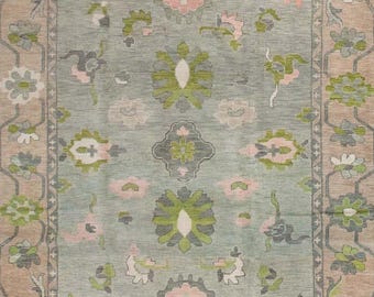 Tappeto Oushak verde salvia annodato a mano - Tappeto in lana in stile turco vintage, tappeto floreale neutro