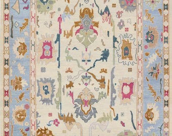 Tappeto in lana Oushak annodato a mano / Tappeto di ispirazione turca azzurro e beige per l'arredamento della casa