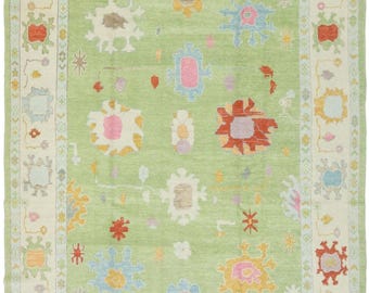 Tappeto Oushak in lana verde chiaro fatto a mano: arredamento per la casa in stile turco vintage annodato a mano 12x15,10x14,8x10