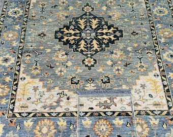 Hand Knotted Oushak Wool Rug: Blue Beige Vintage-Style Oriental Carpet For Home Decor