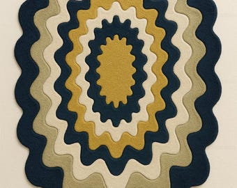 Hand-Tufted Wavy Abstract Rug –Navy Mustard Cream Area Rug, Modern Handmade Floor Mat