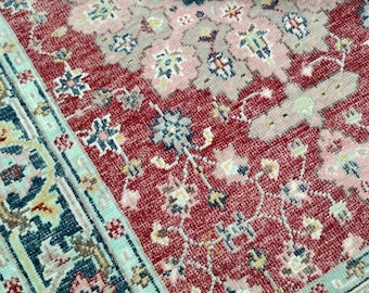 May include: A rectangular area rug featuring a deep red central field with intricate floral motifs in shades of light pink, blue, and cream. The border displays a dark blue background with repeating geometric and floral patterns in light green and red.