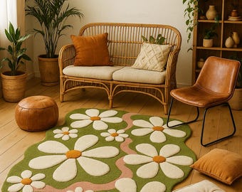 Boho Daisy Flower Rug – Hand Tufted Floral Carpet, Soft Area Rug Retro Home Decor
