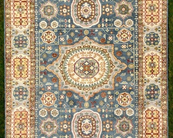 Tappeto orientale mamelucco blu avorio annodato a mano 12x18, morbido, fatto a mano, grande, arredamento per la casa.