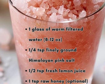 May include: A glass of pink drink with a straw and a lemon slice. The text on the image says "PINK SALT FOR WEIGHT LOSS" and lists ingredients: warm water, Himalayan pink salt, lemon juice, and honey.