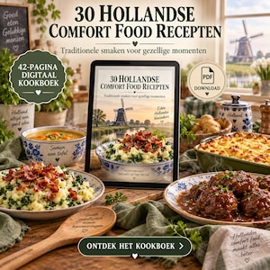 Pode incluir: Um livro de receitas digital intitulado 30 Hollandse Comfort Food Recepten num tablet, rodeado por taças de puré com bacon, almôndegas com molho, uma colher de pau e um recipiente, com textos e imagens de temática holandesa.