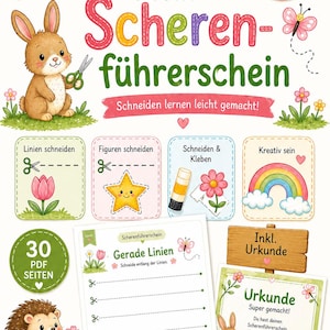 Könnte beinhalten: Ein digitales Übungsheft mit dem Titel CleverKnopf Mein Scherenschein mit 30 PDF-Seiten zum Schneiden lernen. Das Cover zeigt einen braunen Hasen, einen Igel, einen Marienkäfer, einen Regenbogen und Blumen sowie Abschnitte zum Schneiden von Linien, Formen und zum Kleben.