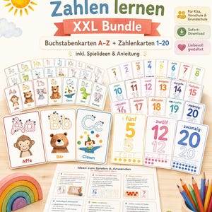 Könnte beinhalten: Ein Set aus Lernkarten mit Buchstaben A-Z und Zahlen 1-20, illustriert mit Tieren und Objekten. Das Paket enthält eine Anleitung mit Spielideen, einen Regenbogen aus Holz und einen Becher gefüllt mit bunten Stiften für Kinder.