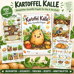 Könnte beinhalten: Ein druckbares PDF-Bildungsprojekt namens Kartoffel Kalle mit illustrierten Arbeitsblättern rund um die Kartoffel. Die Seiten enthalten ein Deckblatt mit einer Kartoffel-Figur, Wachstumsdiagramme, Ernteszenen und ein Kartoffelpuffer-Rezept.