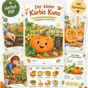 Puede incluir: Un conjunto de materiales educativos en PDF titulados Der kleine Kürbis Kuno, que incluye tarjetas ilustradas sobre calabazas, una portada con una calabaza sonriente, hojas de actividades numeradas y un gráfico con diversos productos alimenticios de calabaza.
