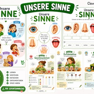 Könnte beinhalten: Ein pädagogisches Lernset zum Ausdrucken mit dem Titel Unsere Sinne, das die fünf Sinne illustriert. Es enthält Darstellungen von Augen, Ohren, Nase, Mund und Hand sowie Arbeitsblätter für Geschmacks-, Geruchs- und Fühlexperimente auf Deutsch.