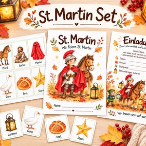 Könnte beinhalten: Ein St. Martin Set mit bedruckten Karten und Einladungen, die St. Martin, ein Pferd, eine Laterne, eine Gans, Brot und einen Stern zeigen. Der Text umfasst St. Martin, Wir feiern St. Martin, Einladung und weitere deutsche Beschriftungen.