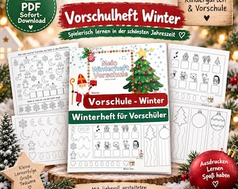 May include: A digital PDF preschool winter activity workbook featuring a cover with a Christmas tree, Santa Claus, and educational exercises. The pages include tracing lines, counting tasks, and holiday-themed illustrations for children to complete.