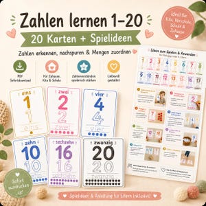 May include: Educational flashcards for learning numbers 1-20. The cards feature numbers in both numeral and word form, with a focus on recognizing, tracing, and matching quantities. Includes game ideas and instructions for parents and educators.