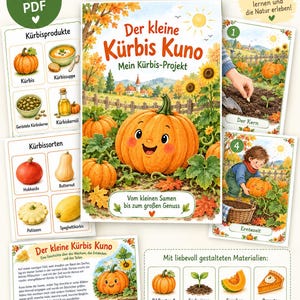Puede incluir: Un proyecto educativo en PDF imprimible titulado Der kleine Kürbis Kuno que incluye tarjetas ilustradas sobre calabazas, con secciones sobre productos, variedades, etapas de crecimiento, una historia y recetas con gráficos de temática otoñal.