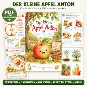 Könnte beinhalten: Eine Sammlung von pädagogischen PDF-Arbeitsblättern mit dem Titel Der kleine Apfel Anton, die Aquarellillustrationen von Äpfeln, Apfelbäumen und Apfelprodukten zeigen. Die Seiten enthalten Diagramme zur Apfelanatomie und Aktivitäten für Kinder.