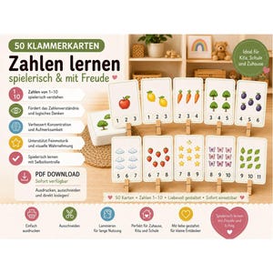 May include: A set of educational number flashcards, displaying numbers 1 to 10 with corresponding illustrations of fruits, vegetables, and other objects. The cards are held with wooden clips. The text "50 Klammerkarten Zahlen lernen spielerisch & mit Freude" is visible.
