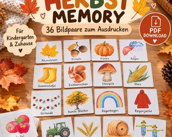 May include: A printable memory game set titled HERBST MEMORY with 36 pairs featuring autumn-themed illustrations like pumpkins, acorns, squirrels, and tractors. Each square card displays a colorful image and a German label below it.