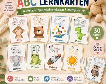 ABC Lernkarten Deutsch A–Z | 30 Alphabet Karten mit Nachspur-Übung | Vorschule Kindergarten Grundschule | Druckbare Flashcards PDF