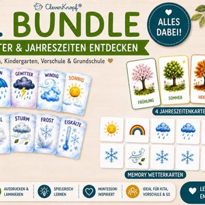 Puede incluir: Un conjunto educativo con tarjetas didácticas sobre el clima y las estaciones. Las tarjetas muestran ilustraciones de nubes, lluvia, sol y árboles de temporada. El conjunto incluye el texto "XL BUNDLE" y "WETTER & JAHRESZEITEN ENTDECKEN".