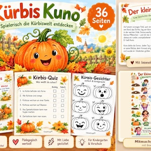 May include: A 36-page educational activity book titled Kürbis Kuno featuring a cartoon pumpkin character, autumn leaves, and various worksheets including a pumpkin quiz, facial expression drawings, and a story about a pumpkin's growth.
