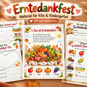 Könnte beinhalten: Ein Set aus ausdruckbaren pädagogischen Arbeitsblättern zum Erntedankfest mit farbenfrohen Illustrationen von herbstlichen Ernten, Kürbissen, Sonnenblumen und Weizen. Die Seiten enthalten Zuordnungsspiele, Dankbarkeitsübungen und Checklisten.