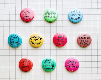 Sex-Positive Pin Pack | Feminist Sex Education Consent Queer Sex Work Body-Positive Pinback Buttons