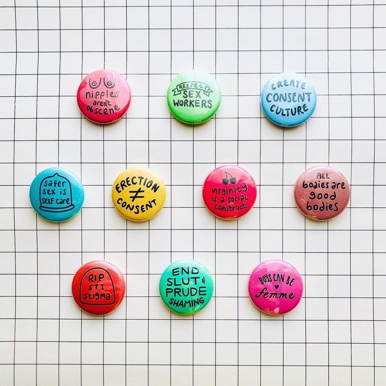 Sex-Positive Pin Pack Feminist Sex Education Consent Queer Sex Work Body-Positive Pinback Buttons image 1