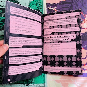 May include: Pink and black text on a white background with a pink and black pattern. The text reads "What does all this mean for international activists?" and lists several points about pinkwashing.