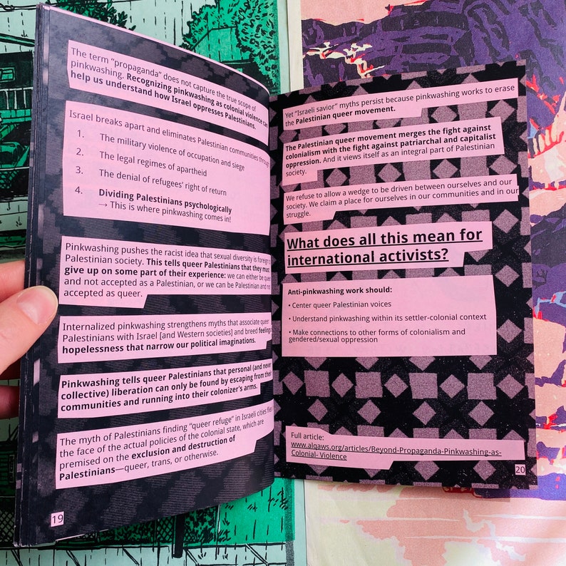 May include: Pink and black text on a white background with a pink and black pattern. The text reads "What does all this mean for international activists?" and lists several points about pinkwashing.