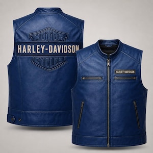 May include: A blue leather waistcoat featuring a front zip fastening, two zipped chest pockets, and two zipped waist pockets. The front has a small Harley-Davidson patch. The back displays a large embossed Harley-Davidson Motor Cycles logo.