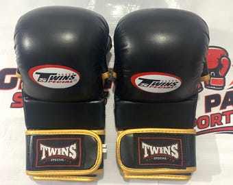 Luvas profissionais Twins MMA pretas – Luvas de treino e sparring com palma aberta.