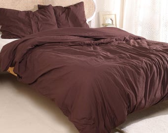Funda nórdica marrón chocolate, juego de cama de algodón suave, funda de edredón marrón oscuro tamaño Queen/King, ropa de cama minimalista neutra para habitaciones acogedoras
