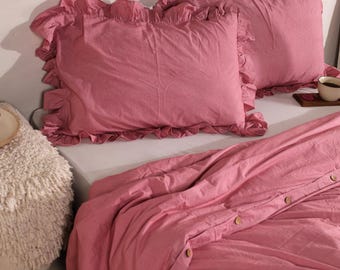 Dusty Pink Ruffle Cotton Duvet Cover Set, Cottagecore Bedding