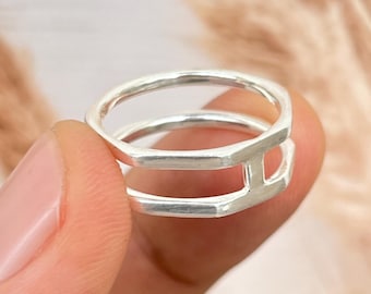 925 Sterling Silver Geometric Ring: Handmade Minimalist Open Band