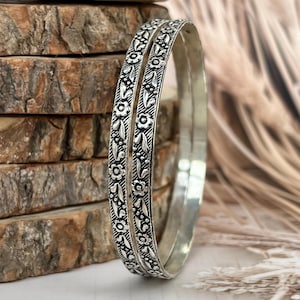 Oxidized Silver Bangles | Floral Kada, Vintage Boho Jewelry - Set of 2