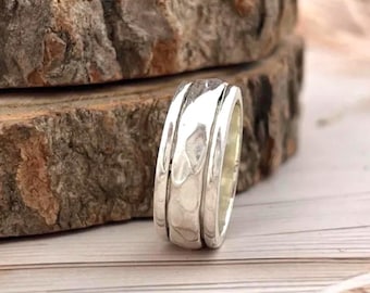 Handmade Hammered Sterling Silver Spinner Ring, Textured Wide Band, Minimalist 925 Silver