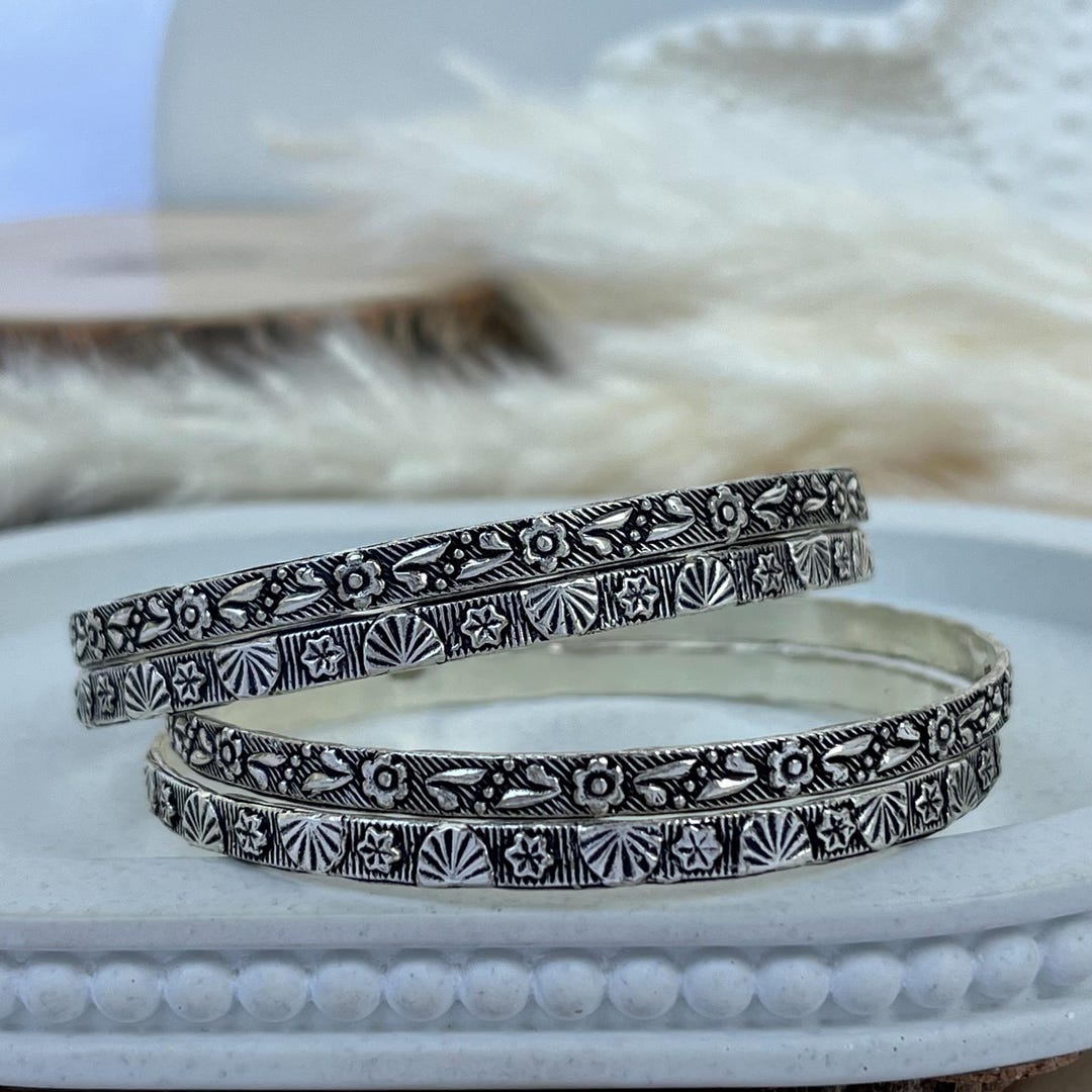 Oxidized Silver Bangle Set | Tribal Floral Kada, Boho Ethnic