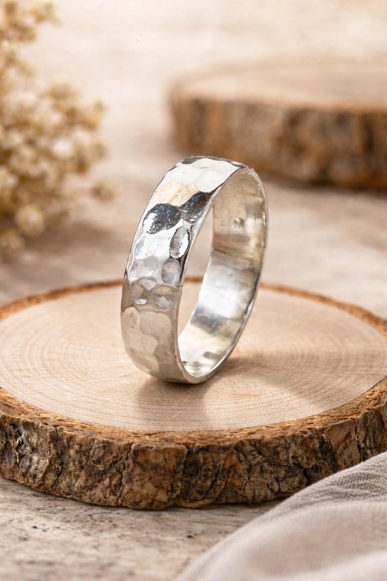 Hammered 925 Sterling Silver Band Ring | Unisex Textured Design image 1