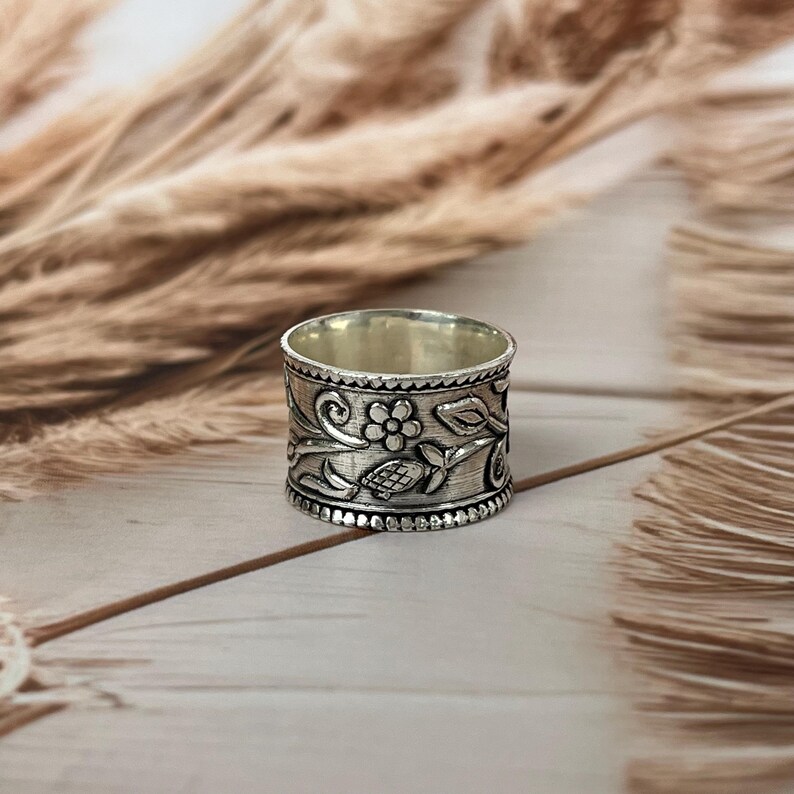 Sterling Silver Wide Band Ring: Floral Boho Artisan Jewelry - Etsy